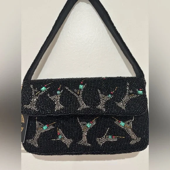 Viral Beaded Black Martini Cocktail Clutch Shoulder Bag - Picture 2 of 13